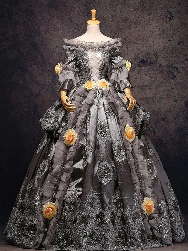 Gray Vintage Costume Rococo Lace Ruffles Off The Shoulder Flowers Beaded Ball Gown Dress Halloween