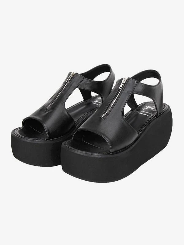 Lolitashow Gothic Matte Black Lolita Sandals Platform Zipper Designed - Image 3