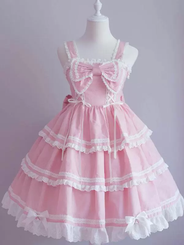 Sweet Lolita JSK Dress Bow Ruffles Lace Up Lolita Jumper Skirts - Image 7