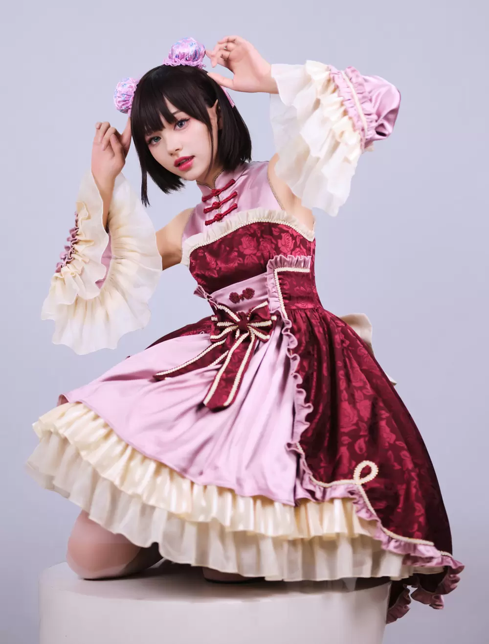 Lolitashow Exclusive Chinese Style Lolita Dress Bows Sleeveless Chiffon Floral Print Burgundy Tea Party Dress - Image 5