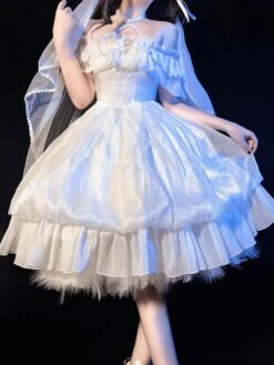 Sweet Lolita Dress White Polyester Short Sleeves Lace Up Ruffles Lace Bows Tea Party Lolita Dress