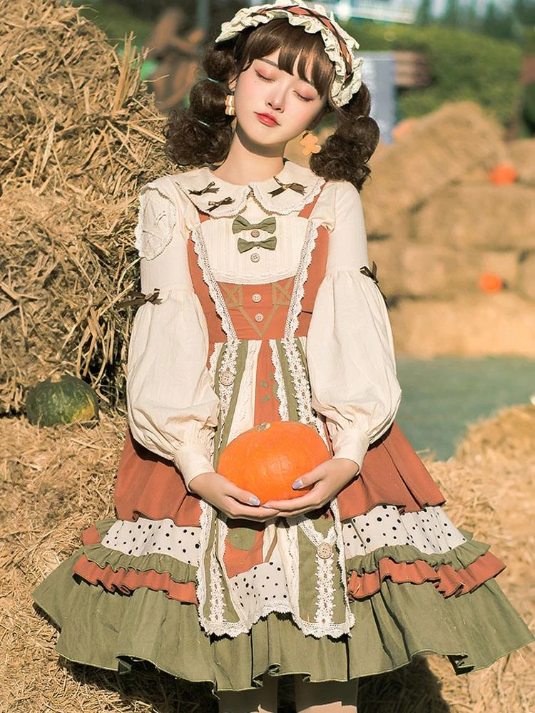 Sweet Lolita Blouses Bows Long Sleeves Light Apricot Lolita Shirt Sweet Top