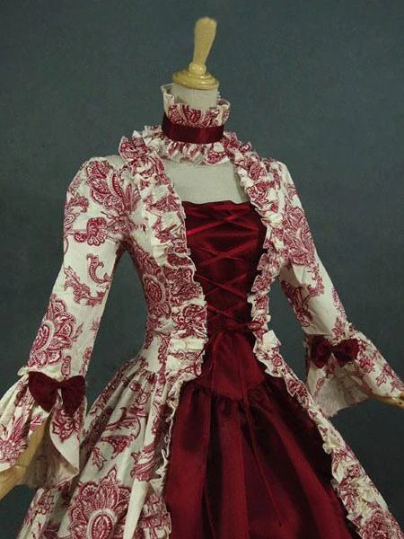 Victorian Dress Costume Prom Dress Baroque Costume Dark Red Lace Ruffles Floral Print Vintage Victorian Era Clothing With Choker Retro Outfits Halloween - Image 4