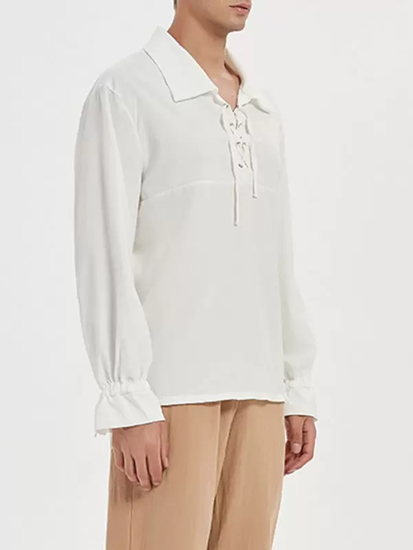 White Vintage Shirt Lace Up Aristocrat Style Cotton Retro Costumes For Man Halloween - Image 4