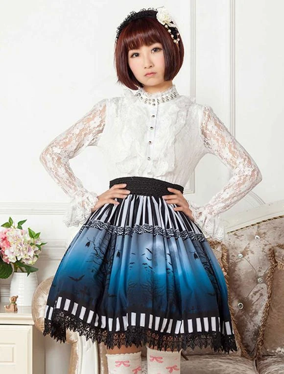 Lolitashow Sweet Lolita Skirt The Bat Under The Blue And White Moon Night SK Lolita Skirt - Image 3