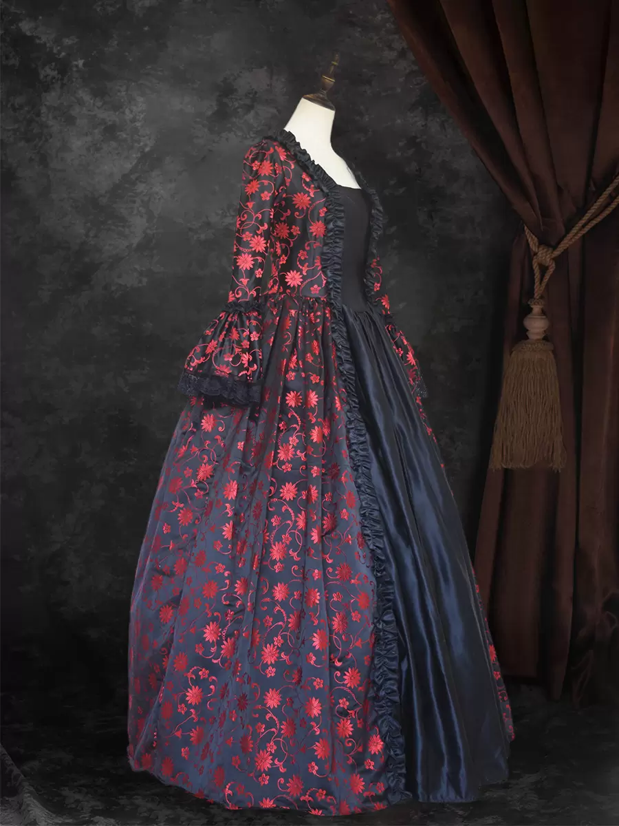 Black Gold Retro Costumes Women's Marie Antoinette Costume Floral Print Lace Up Satin Fabric Set Choker Gothic 18th Century Costume - Image 2