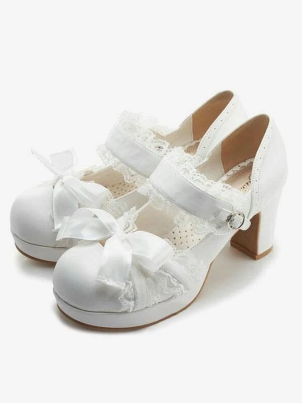 Sweet Lolita Shoes Dark Navy Lace Square Toe Bows PU Chunky Heel Lolita Pump Shoes - Image 2