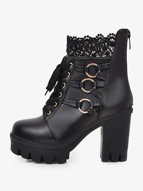 Sweet Lolita Boots Black Lace Round Toe PU Leather Chunky Heel Lolita Footwear - Image 2