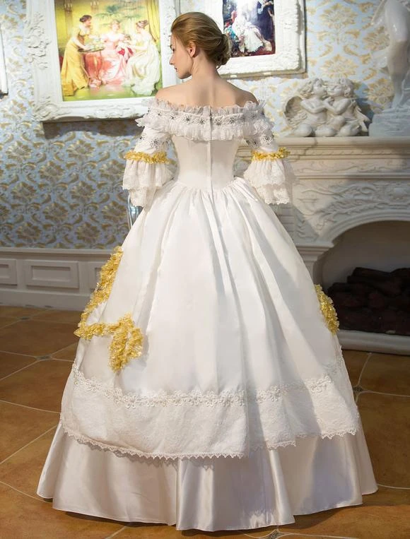 White Retro Costumes Flared Sleeve Off The Shoulder Victorian Vintage Maxi Dress Halloween - Image 6