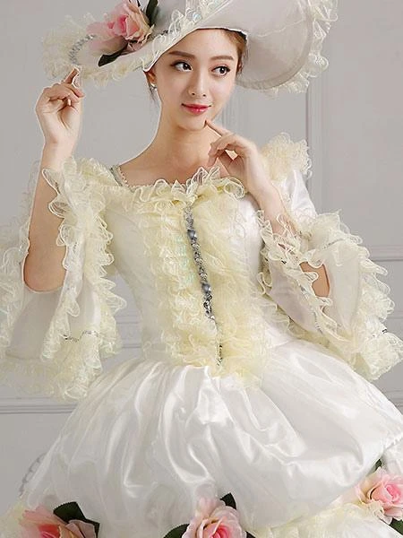 Victorian Dress Costume Women's Victorian Era Clothing White Square Neckline Ball Gown Pageant Dress With Flowers Outfits Halloween - Image 5