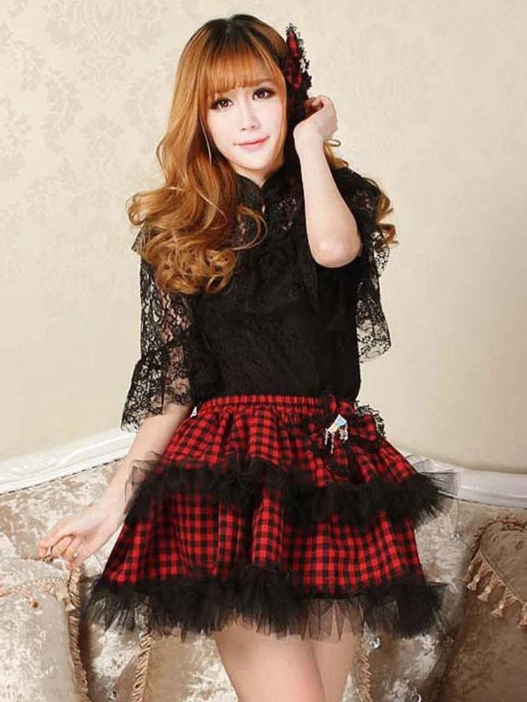 Classic Lolita SK Bow Plaid Ruffle Lace Red Lolita Skirt - Image 2