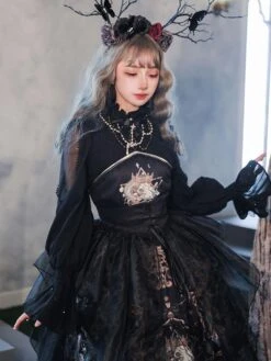 Gothic Lolita Blouses Black Lolita Top Long Sleeves Lace Lolita Shirt