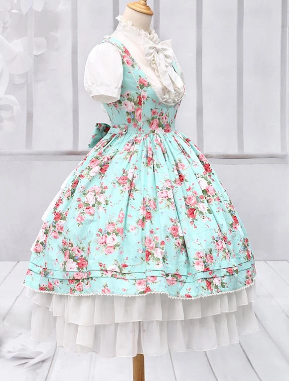 Lolitashow Light Blue Cotton Lolita One-piece Dress Flower Print Short Sleeves Chiffon Ruffles - Image 3
