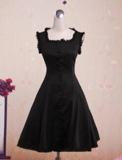 Lolitashow Classic Black Cotton Square Neck Lolita Jumper Skirt