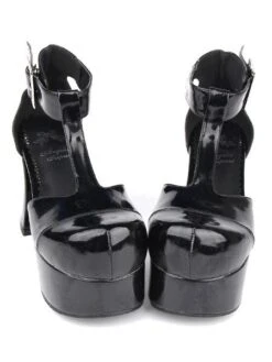 Glossy Black Lolita Sandals High Chunky Heels Platform Shoes Ankle Strap Buckle