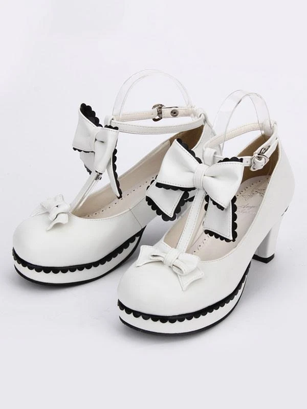 Lolitashow Sweet Lolita Shoes White Round Toe Cone Heel T Strap Lolita Shoes - Image 5