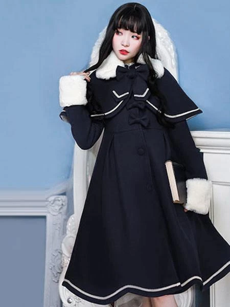 Sweet Lolita Overcoat Bow Pleated Wool Lolita Winter Coat With Cape - Image 5