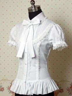 Lolitashow White Ruffles Bows Cotton Lolita Blouse For Women