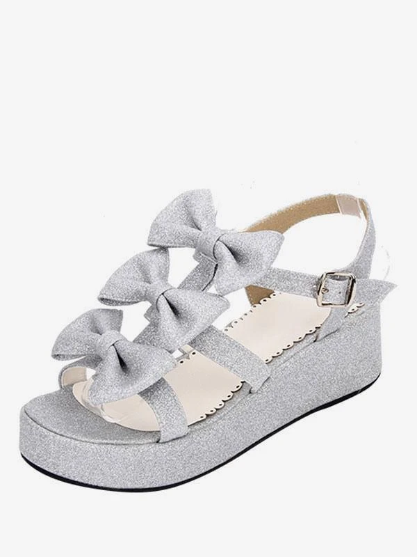 Sweet Lolita Shoes Open Toe Wedge Heel PU Bows Flat White Lolita Sandals - Image 4