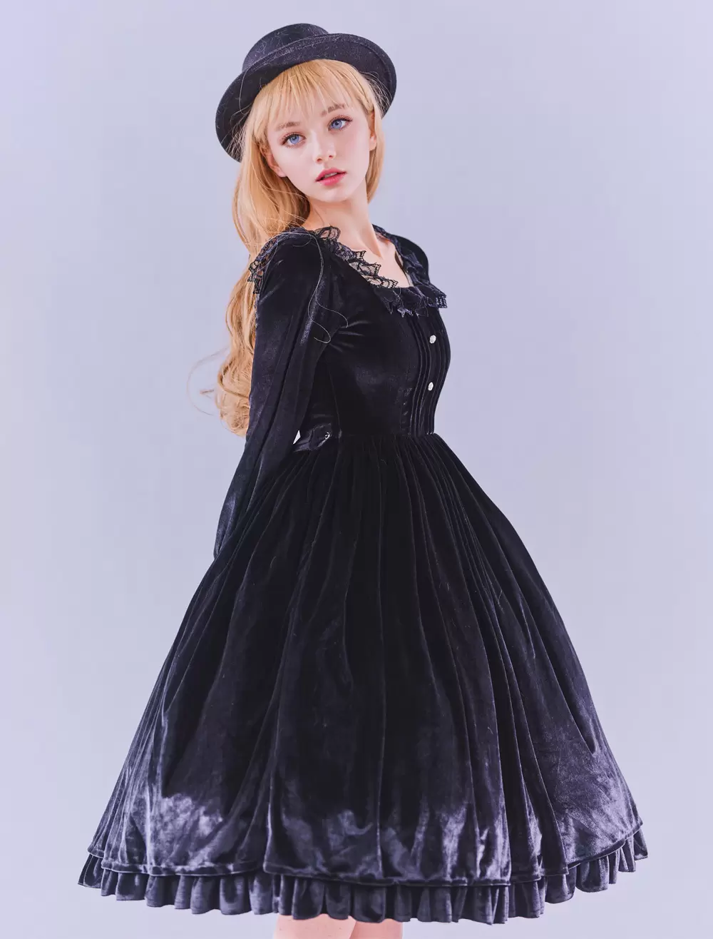 Lolitashow Exclusive Gothic Lolita Dresses Ruffles Lace Black Long Sleeve Velour Daily Casual Dress