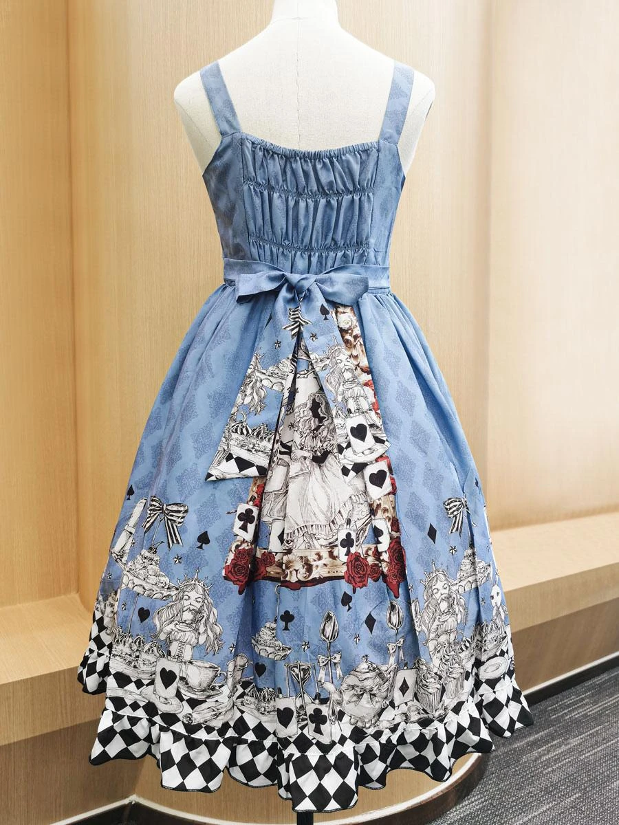 Sweet Lolita Alice In Wonderland Costumes JSK Light Sky Blue Bowknots Sleeveless Polyester Jumper Skirts - Image 5