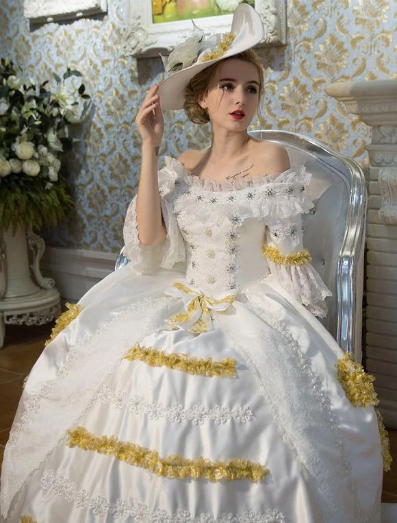 White Retro Costumes Flared Sleeve Off The Shoulder Victorian Vintage Maxi Dress Halloween - Image 4