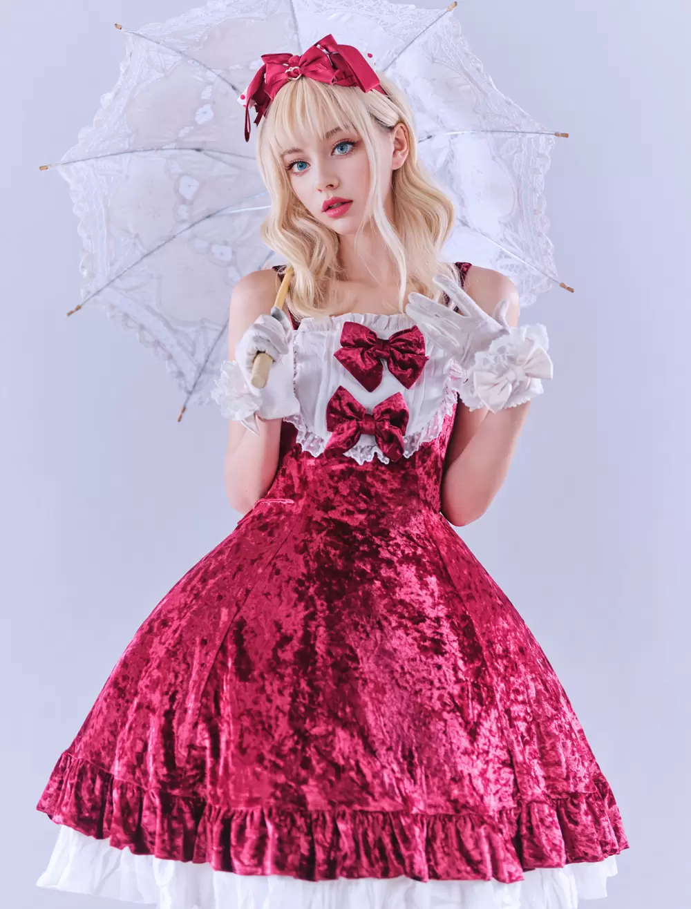 JSK Lolitashow Exclusive Sweet Lolita Dress Velour Sleeveless Jumper Lace Bows Ruffles Daily Casual Dress - Image 3