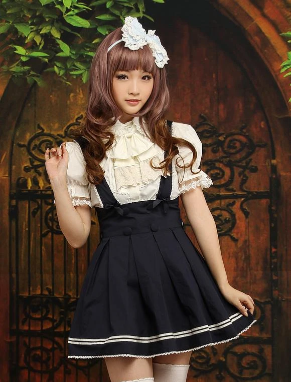 Lolitashow Navy Blue Cotton Lolita Skirt Salopette Beige Stripe