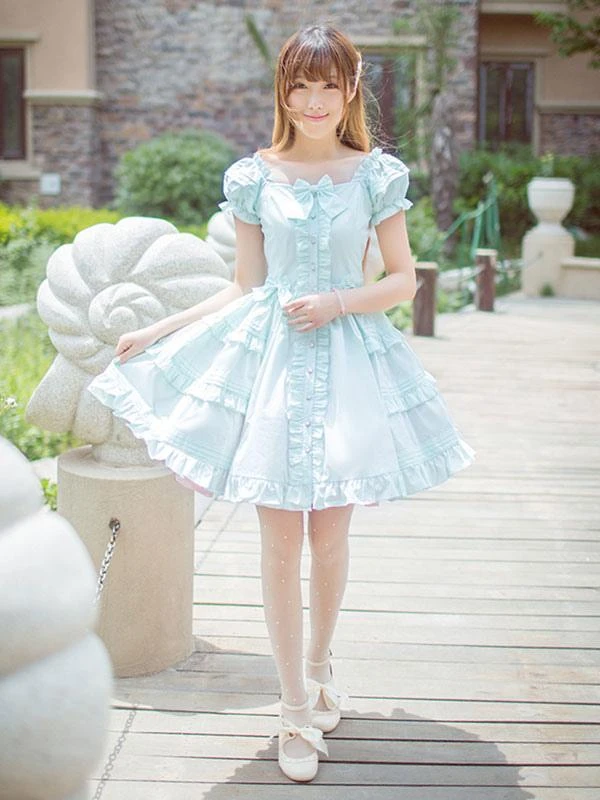 Lolitashow Classical Lolita Dress Layered Ruffles Lolita Dress Short Sleeves Lolita Op Dress With Bows - Image 5
