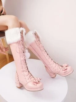 Classic Lolita Boots Knee High Chunky Heel Platform Square Toe Lace Up Pink Lolita Winter Boots