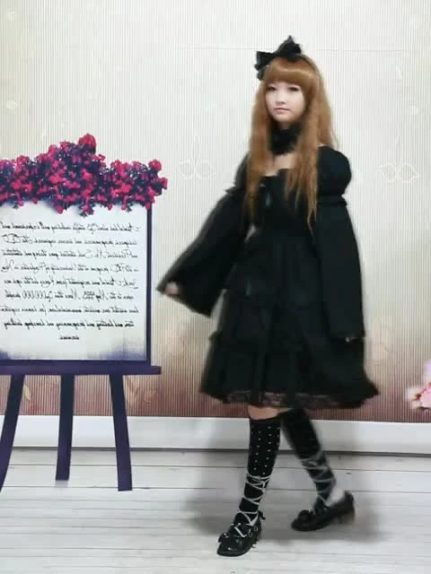 Cotton Black Lolita OP Dress Long Sleeves Lace Trim - Image 8