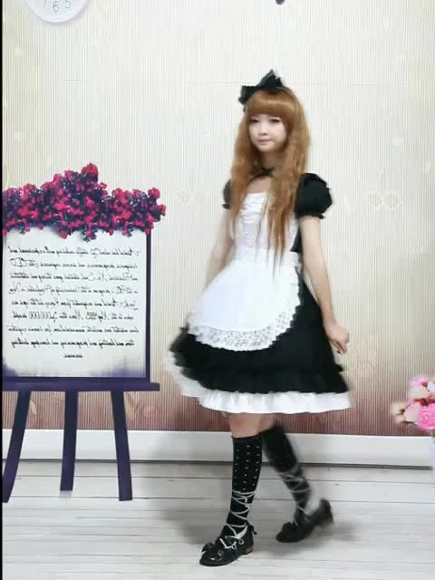 Lolitashow Sweet Black Cotton Maid Lolita One-piece White Apron Short Sleeves Lace Trim - Image 8