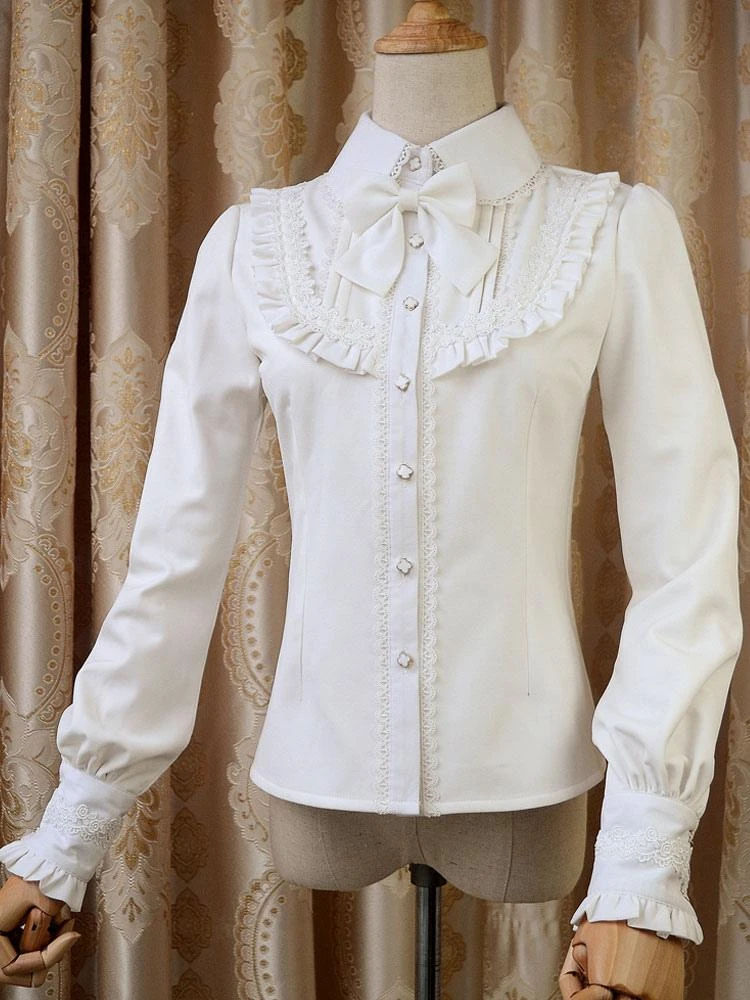 Sweet Lolita Blouse Red Long Sleeve Turndown Collar Bow Ruffled Winter Lolita Shirt - Image 6