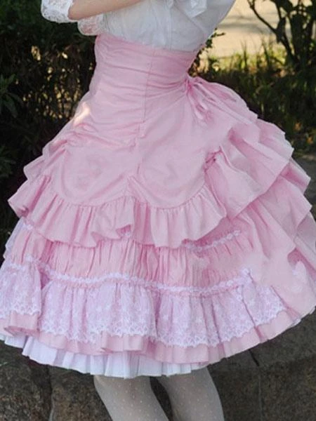 Lolitashow Sweet Lolita Dress SK Pink Lace Criss Cross Ruffle High Waist Cotton Lolita Skirt