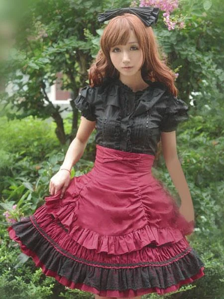 Lolitashow Sweet Lolita Dress SK Pink Lace Criss Cross Ruffle High Waist Cotton Lolita Skirt - Image 2