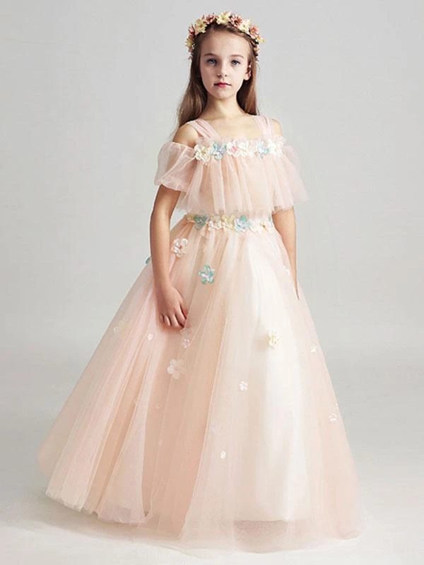 Flower Girl Dresses Applique Tulle Floor Length Cold Shoulder Pastel Green Kids Pageant Dresses - Image 8