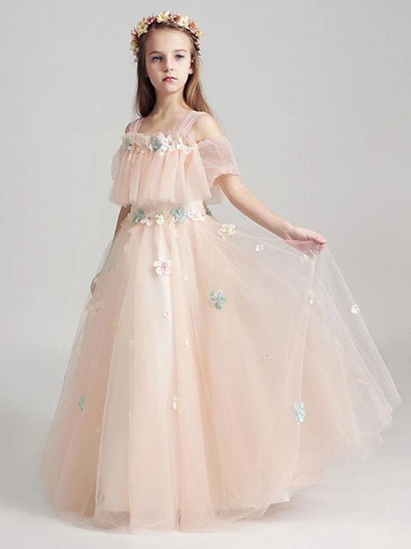 Flower Girl Dresses Applique Tulle Floor Length Cold Shoulder Pastel Green Kids Pageant Dresses - Image 7