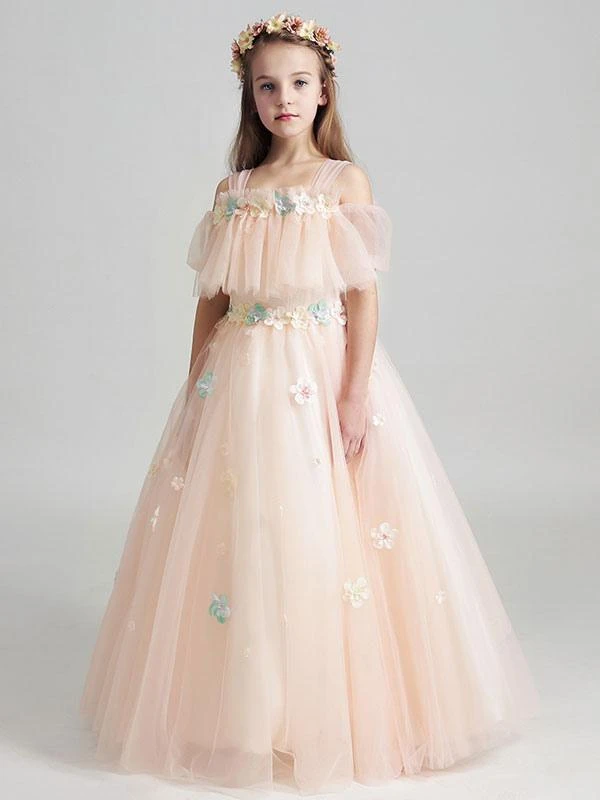 Flower Girl Dresses Applique Tulle Floor Length Cold Shoulder Pastel Green Kids Pageant Dresses - Image 6