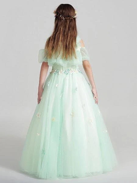 Flower Girl Dresses Applique Tulle Floor Length Cold Shoulder Pastel Green Kids Pageant Dresses - Image 11