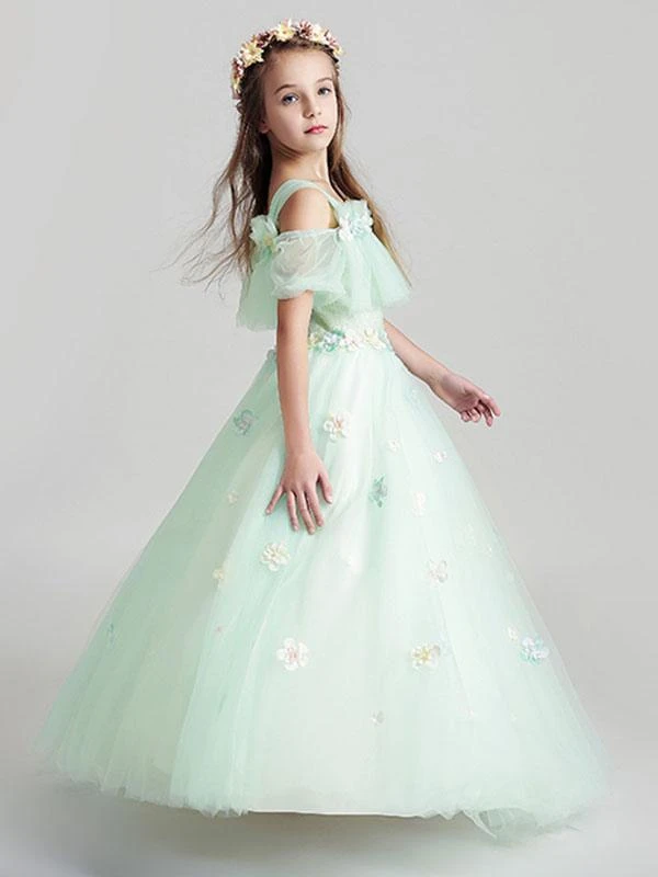 Flower Girl Dresses Applique Tulle Floor Length Cold Shoulder Pastel Green Kids Pageant Dresses - Image 5