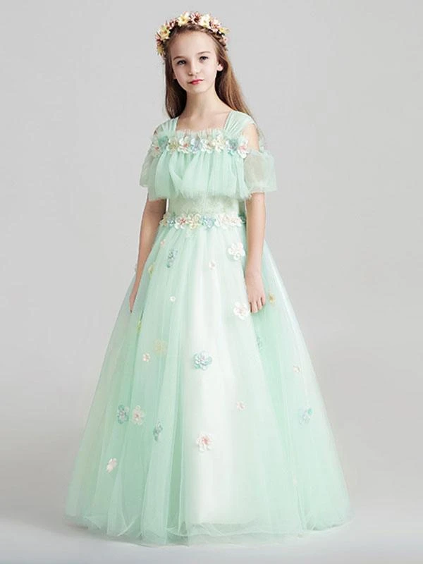 Flower Girl Dresses Applique Tulle Floor Length Cold Shoulder Pastel Green Kids Pageant Dresses - Image 4
