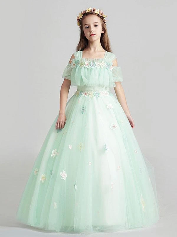 Flower Girl Dresses Applique Tulle Floor Length Cold Shoulder Pastel Green Kids Pageant Dresses - Image 3