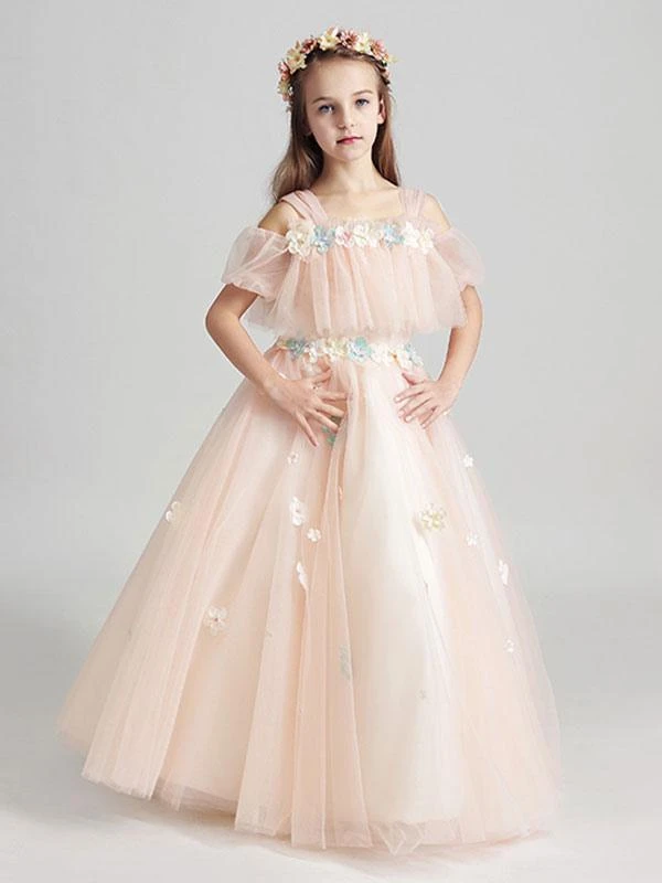 Flower Girl Dresses Applique Tulle Floor Length Cold Shoulder Pastel Green Kids Pageant Dresses - Image 9