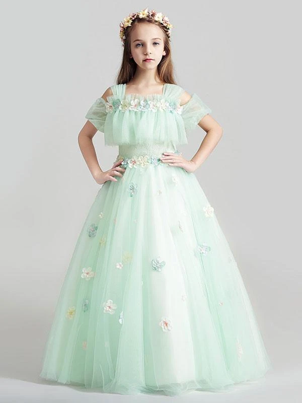 Flower Girl Dresses Applique Tulle Floor Length Cold Shoulder Pastel Green Kids Pageant Dresses - Image 2