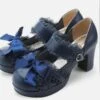 Sweet Lolita Shoes Dark Navy Lace Square Toe Bows PU Chunky Heel Lolita Pump Shoes