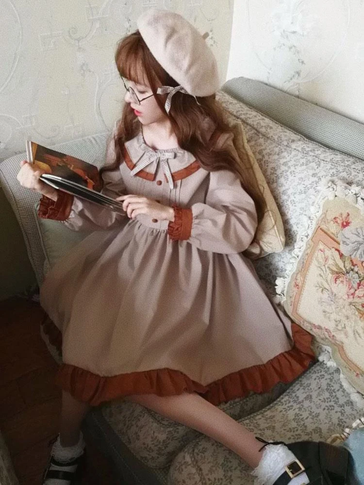 Classic Lolita OP One Piece Dress Khaki Scoop Neck Long Sleeve Two Tone Bows Lolita Dresses - Image 3
