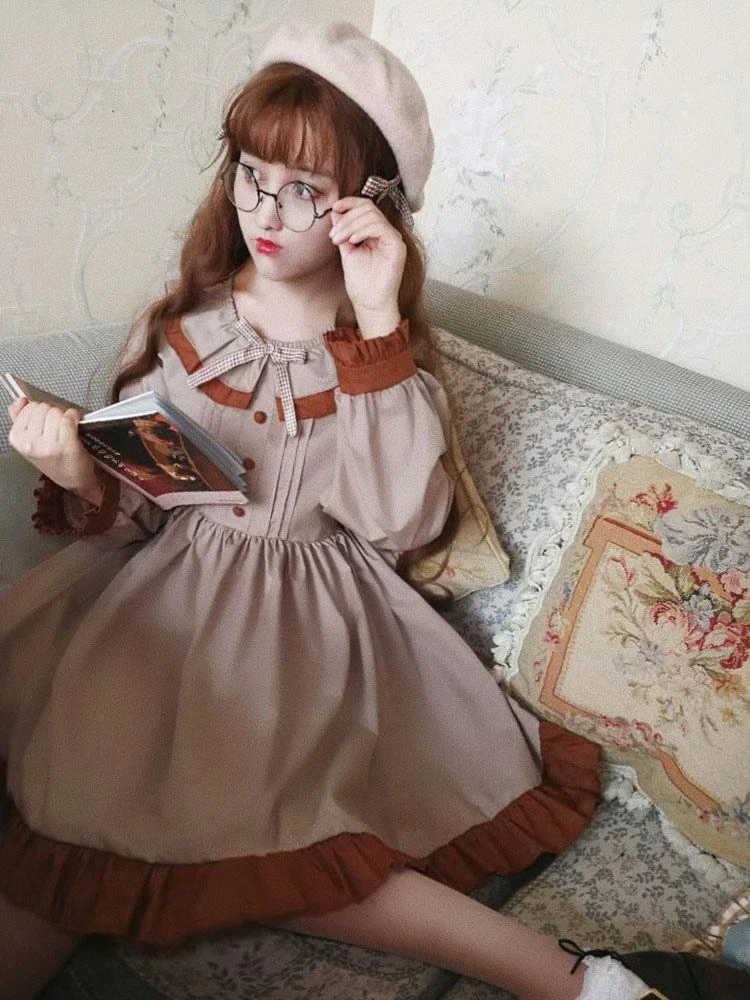 Classic Lolita OP One Piece Dress Khaki Scoop Neck Long Sleeve Two Tone Bows Lolita Dresses - Image 4