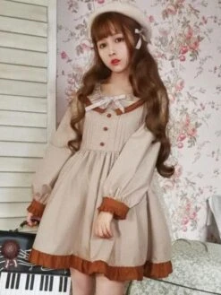 Classic Lolita OP One Piece Dress Khaki Scoop Neck Long Sleeve Two Tone Bows Lolita Dresses