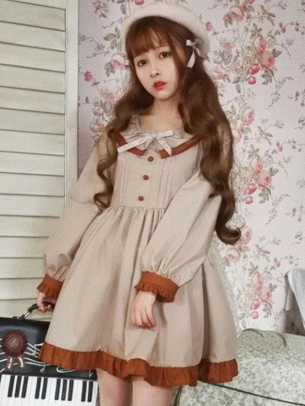 Classic Lolita OP One Piece Dress Khaki Scoop Neck Long Sleeve Two Tone Bows Lolita Dresses