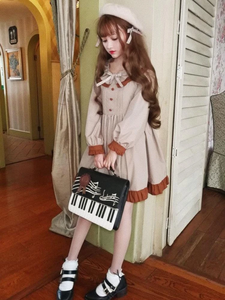 Classic Lolita OP One Piece Dress Khaki Scoop Neck Long Sleeve Two Tone Bows Lolita Dresses - Image 2